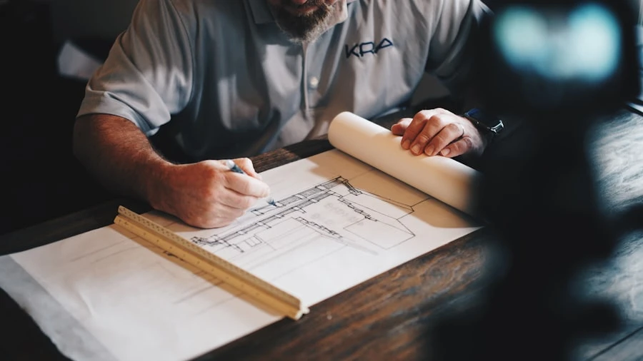 Architect reviewing sustainable building materials and blueprints