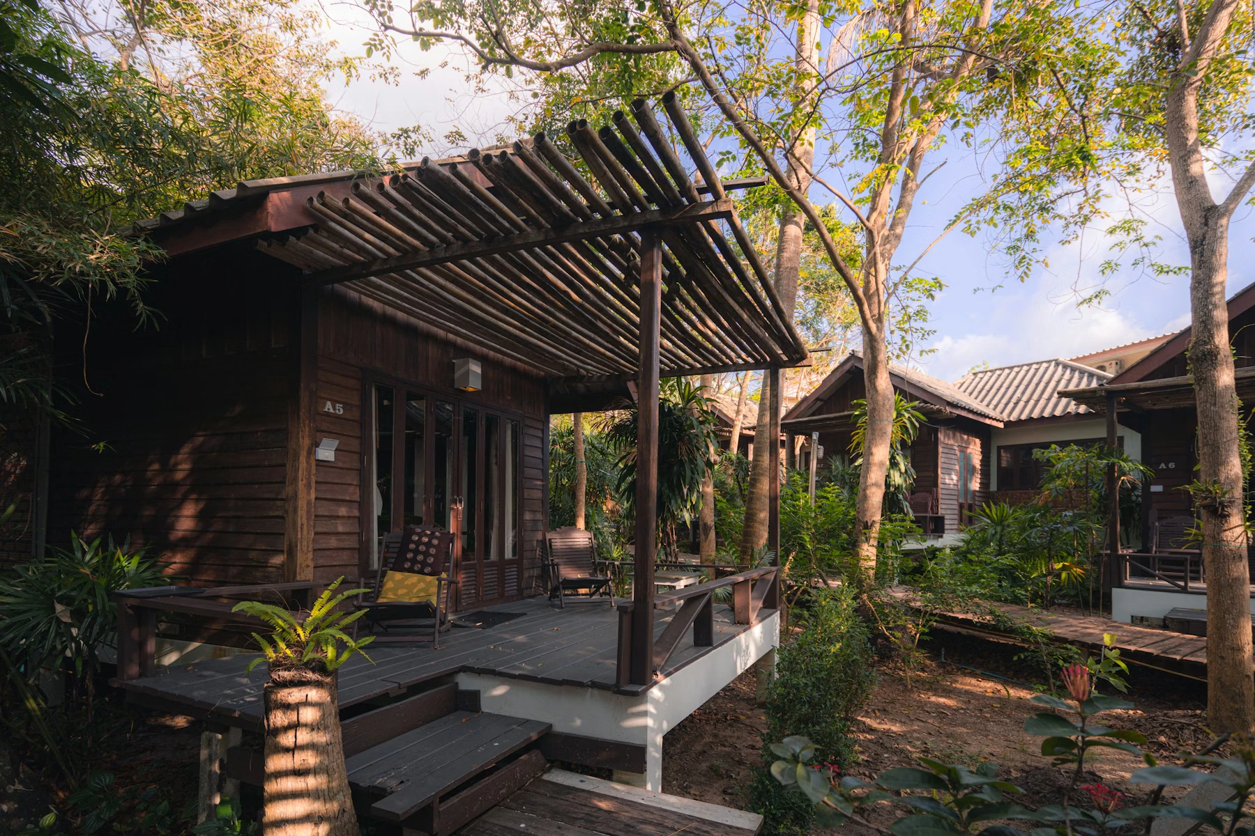 The bungalow verandah — wooden pergola and gardens