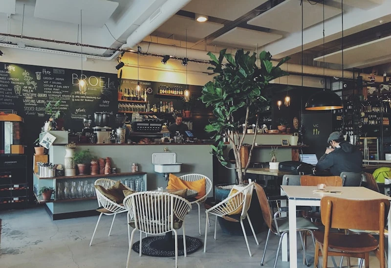 Empty café in early morning light before opening