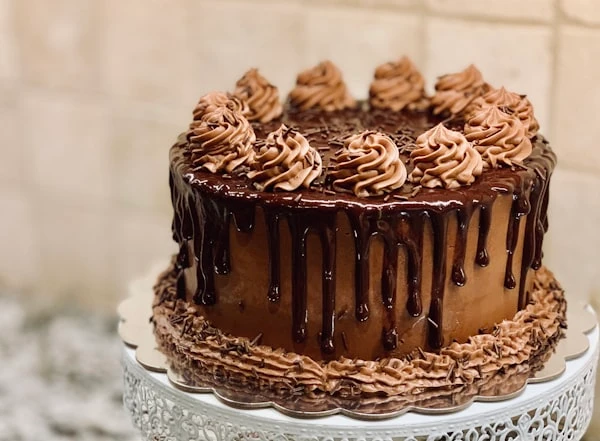 Slice of layered chocolate cake